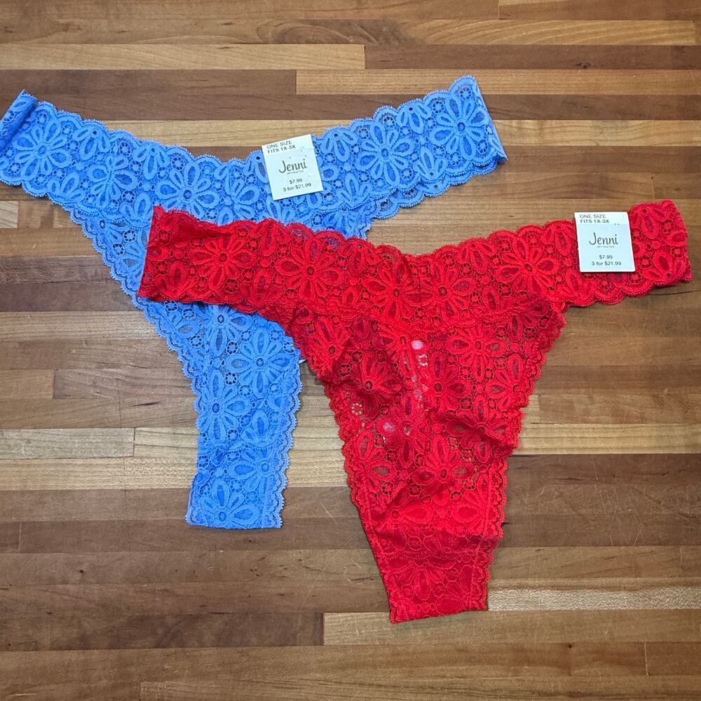 bundle of 2 Jenni Women's Plus size Sexy Thong Panty underwear red/blue 1X-3X